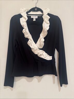 Joseph Ribkoff Black Long-Sleeve Wrap Top with White Ruffle
